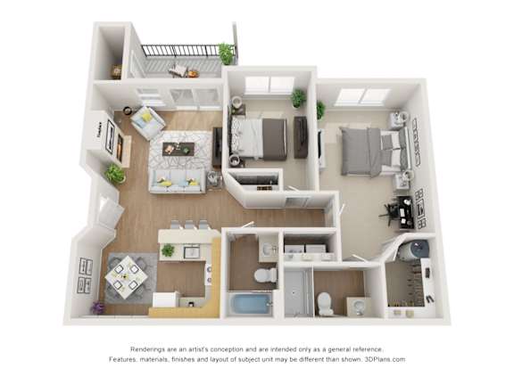 A 3D floor plan of a house with a kitchen, living room, and bathroom.