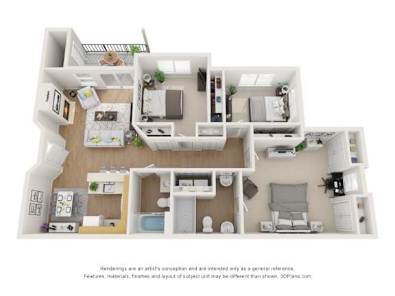 A 3D floor plan of a house with a kitchen, living room, and bedrooms.