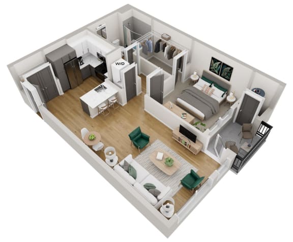 a 3d floor plan of a home with a bedroom and a living room