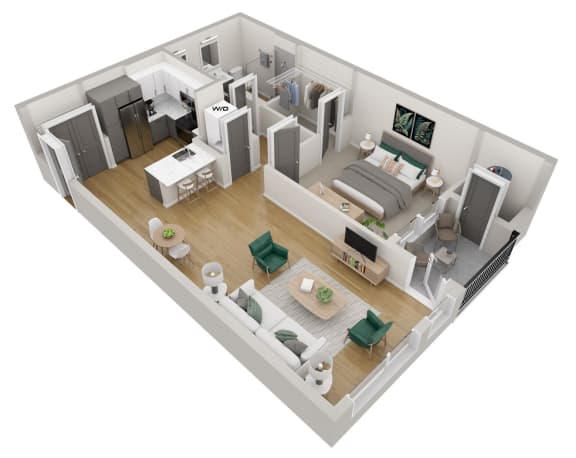 a 3d floor plan of a home with a bedroom and living room