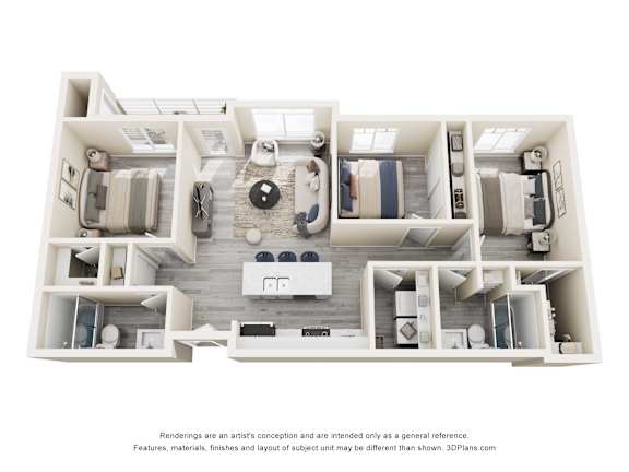 A 3D floor plan of a house with a kitchen, living room, and two bedrooms.