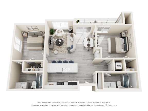 A 3D floor plan of a small apartment with a living room, kitchen, and bathroom.