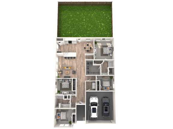 Floor Plan  A top-down view of a house with a green lawn in the front.