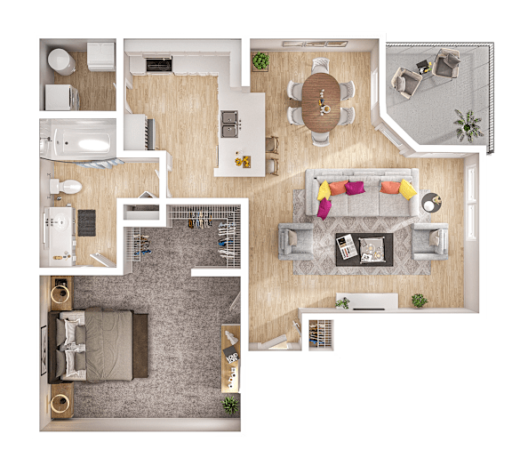 A top-down view of a living room, kitchen, and bedroom layout.