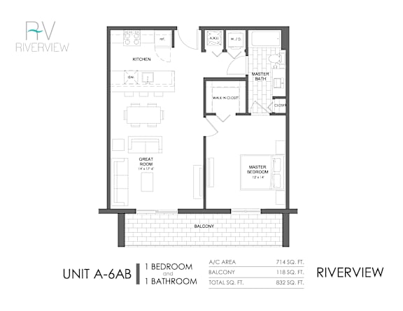 Floor Plan  A black and white image of a floor plan for a unit at Riverview.