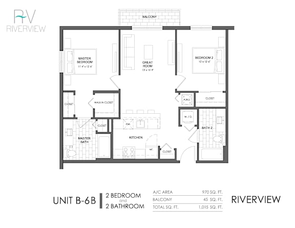 Floor Plan  A black and white diagram of a 2 bedroom, 2 bathroom apartment.