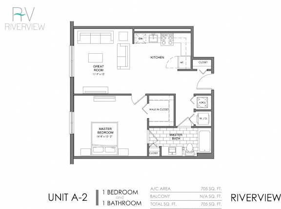 A drawing of a floor plan for a unit at Riverview.
