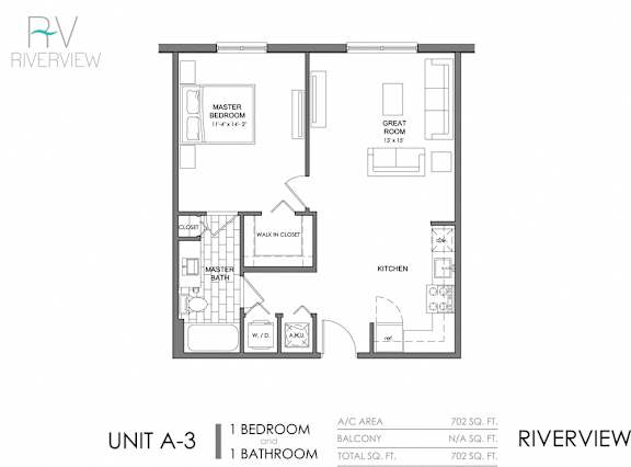 Floor Plan  A drawing of a floor plan for a unit labeled A-3 at Riverview.