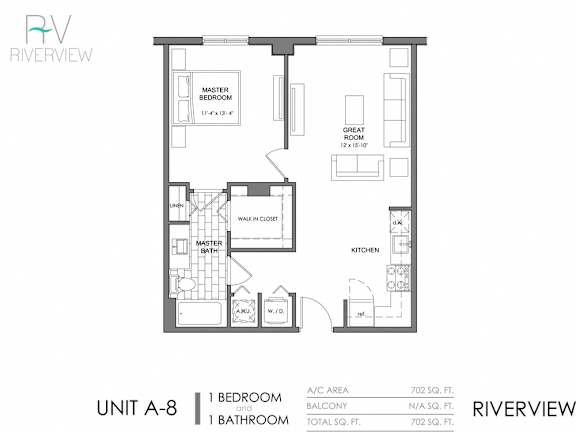 Floor Plan  A drawing of a floor plan for a unit labeled A-8 at Riverview.