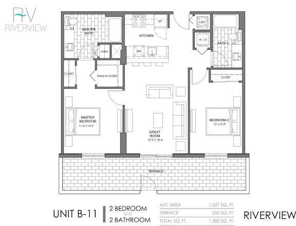 Floor Plan  A black and white diagram of a Riverview RV unit.