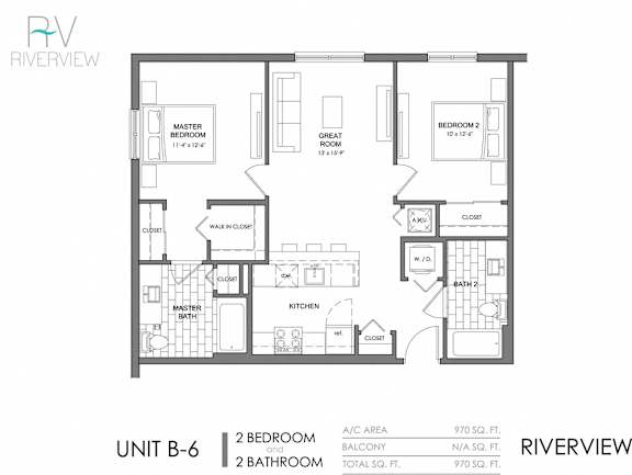 Floor Plan  A black and white diagram of a Riverview apartment unit B-6 with two bedrooms and two bathrooms.
