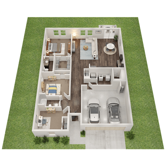 A 3D floor plan of a house with two bedrooms, two bathrooms, a living room, a kitchen, a dining room, and a garage.