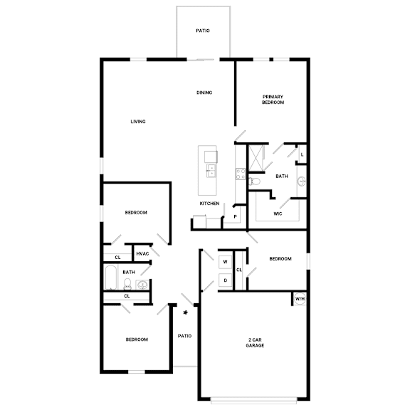 A floor plan of a house with a living room, dining room, kitchen, two bedrooms, a bathroom, a car garage, and a hallway.