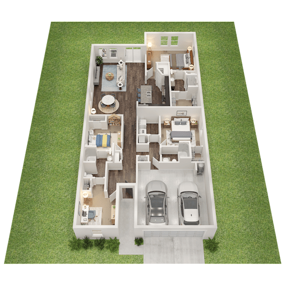 A 3D floor plan of a house with two bedrooms, two bathrooms, a living room, a kitchen, and a garage.