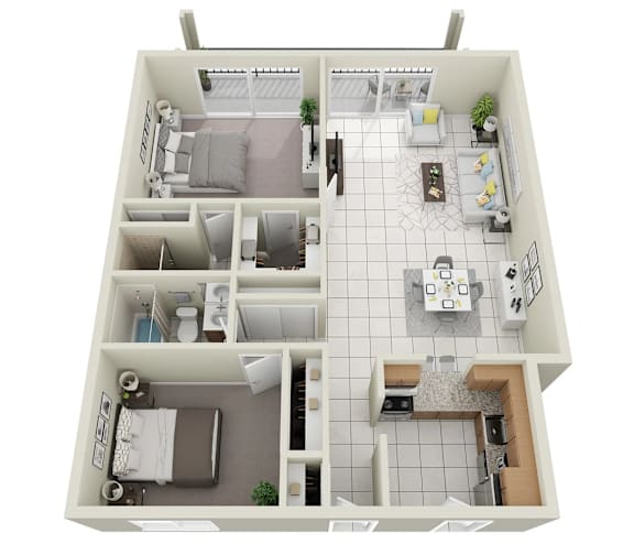 A 3D floor plan of a house with a kitchen, living room, and two bedrooms.