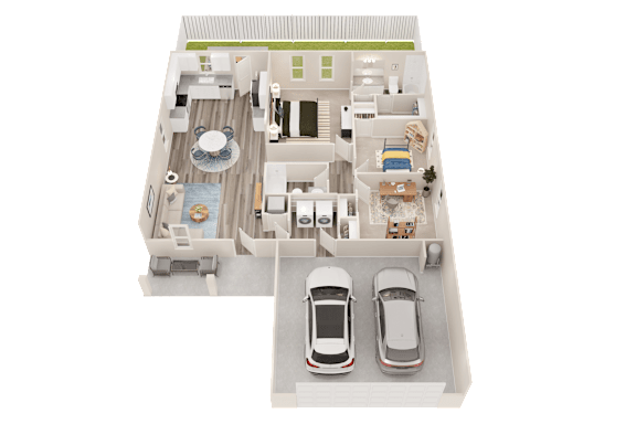A 3D floor plan of a house with two cars parked in the driveway.