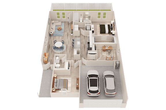 A 3D floor plan of a house with two bedrooms, a living room, a kitchen, a dining room, and two cars parked in the garage.