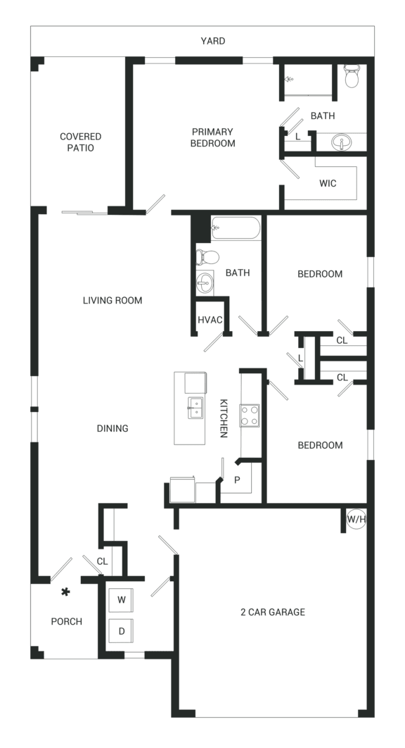 A black and white floor plan of a house with a living room, dining room, kitchen, two bedrooms, a bathroom, a garage and a covered patio.