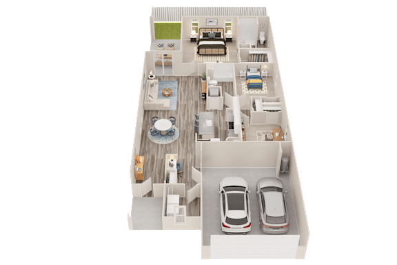 A top down view of a house with a living room, kitchen, dining room, and two bedrooms.