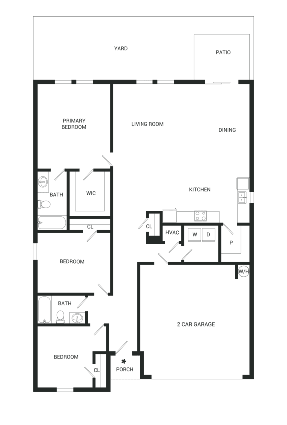A black and white floor plan of a house with a garage.