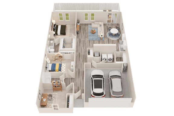 A 3D floor plan of a house with two bedrooms, a living room, a kitchen, a dining room, a bathroom, and two cars.
