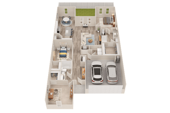 A 3D floor plan of a house with two bedrooms, a living room, a kitchen, a dining room, and two parking spaces.