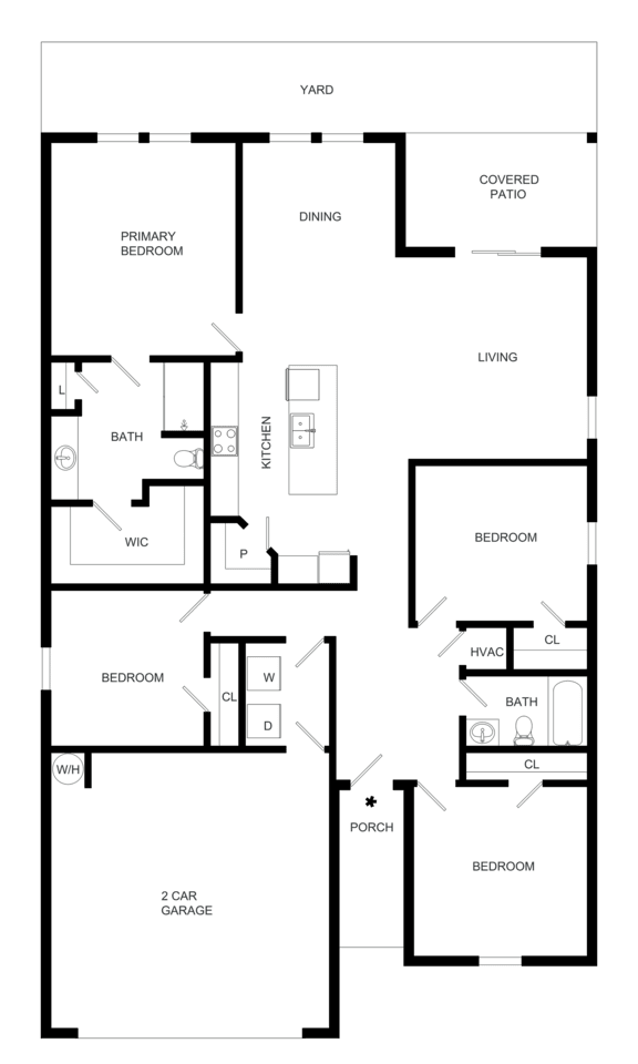 A black and white floor plan of a house with labeled rooms.