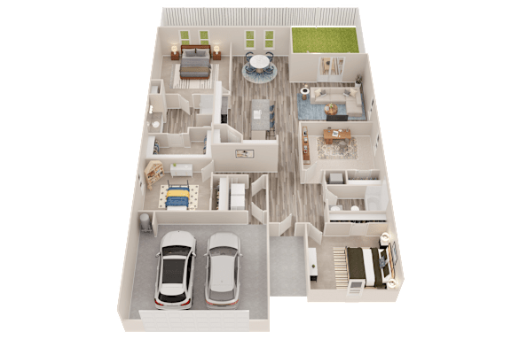 A 3D floor plan of a house with two bedrooms, two bathrooms, a living room, a kitchen, a dining room, and a garage with two cars.