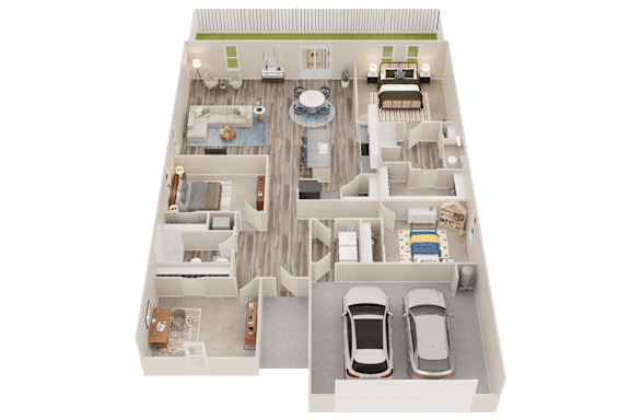 A floor plan of a house with a swimming pool and two cars parked in the garage.