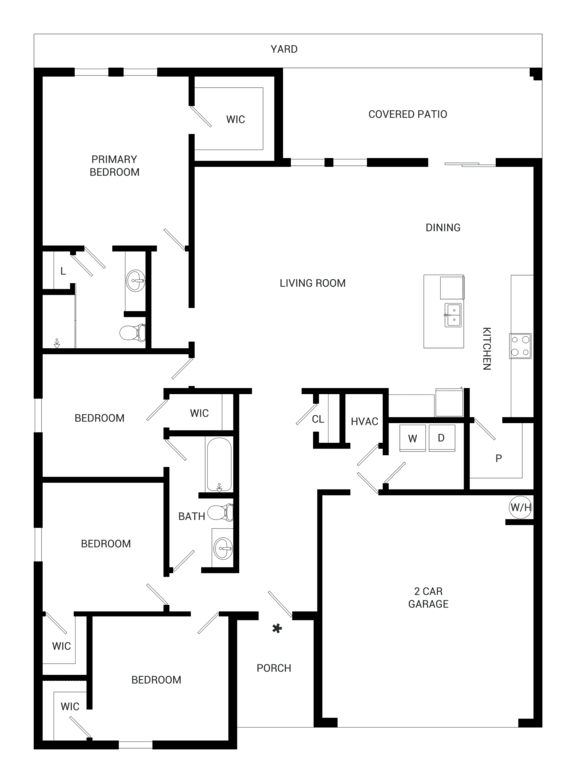 Floor Plan  A black and white floor plan of a house with labeled rooms.