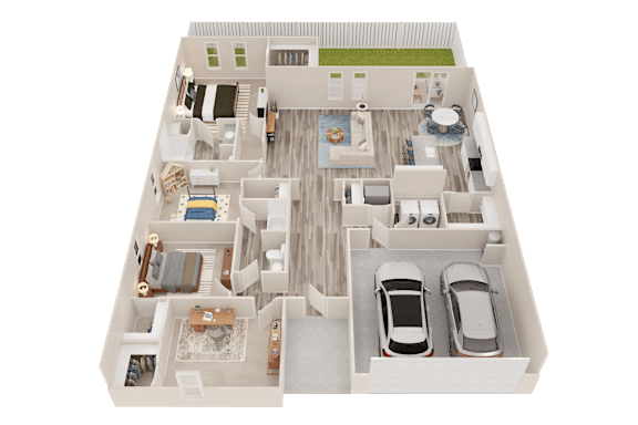 A 3D floor plan of a house with two bedrooms, a living room, a kitchen, a dining room, and two cars parked in the garage.