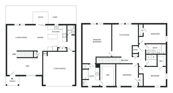 A black and white image of two floor plans for a house.