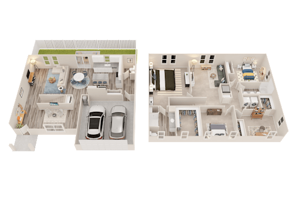 A 3D floor plan of a two-bedroom apartment with a living room, kitchen, and bathroom.