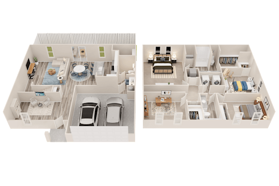 A 3D floor plan of a house with two bedrooms, two bathrooms, a living room, a kitchen, and a dining room.