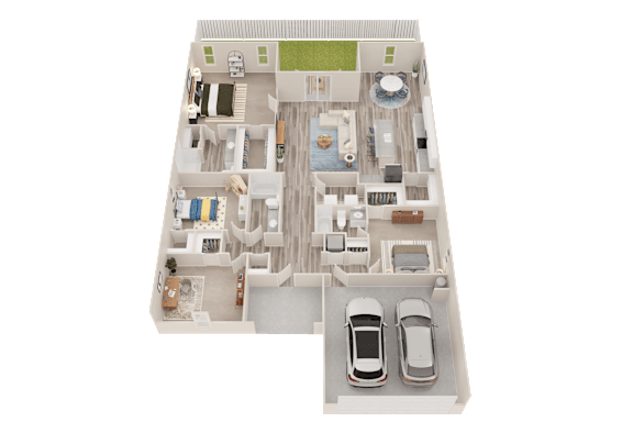 A 3D floor plan of a house with two bedrooms, a living room, a kitchen, a bathroom, a dining room, a laundry room, a garage, and a backyard.