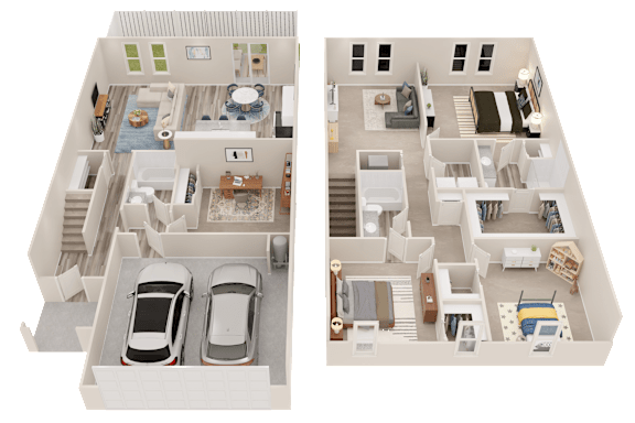 Two images of a house layout with a living room, kitchen, and two bedrooms.