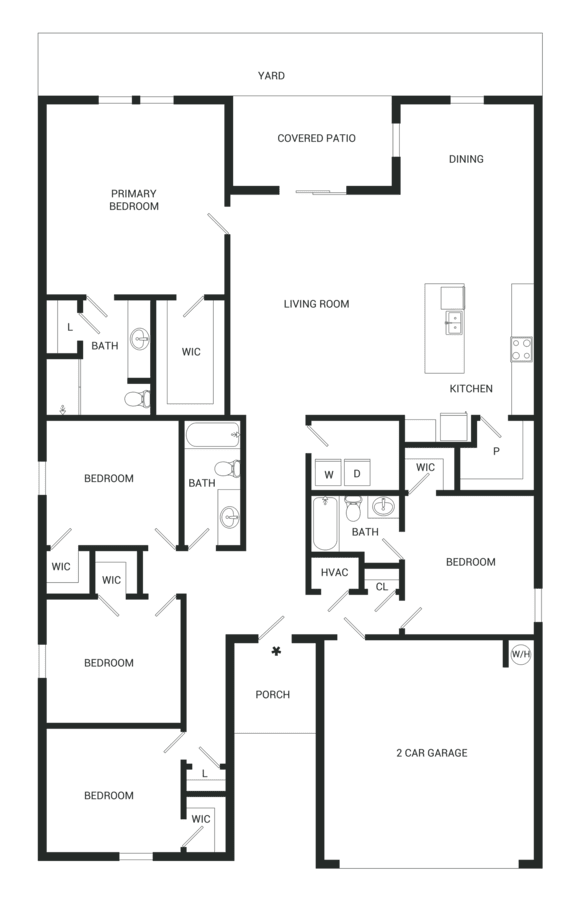 A black and white floor plan of a house with a living room, dining room, kitchen, and several bedrooms.
