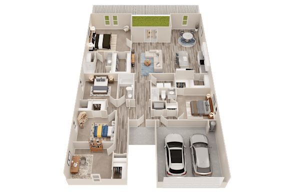 A 3D floor plan of a house with two bedrooms, two bathrooms, a living room, a kitchen, a dining room, and a garage with two cars.
