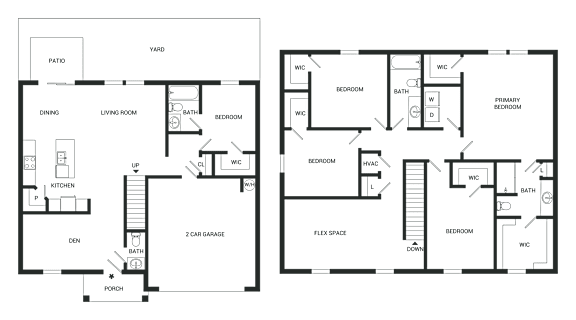 Two black and white floor plans of a house with labeled rooms.