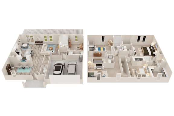 A floor plan of a two-story apartment with a living room, kitchen, bedrooms, and bathrooms.