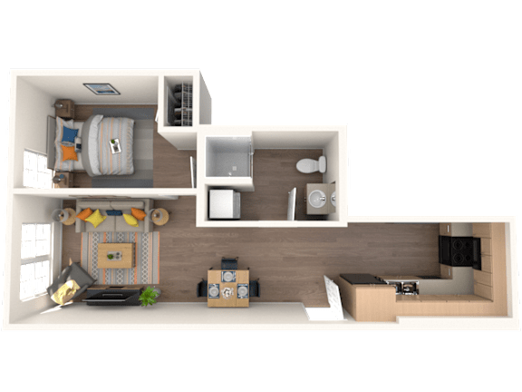 A 3D rendered image of a modern apartment layout.