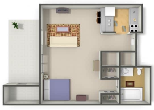A 3D rendered image of a small apartment layout.