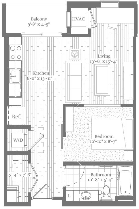 A floor plan of a house with a living room, kitchen, bathroom, bedroom and balcony.