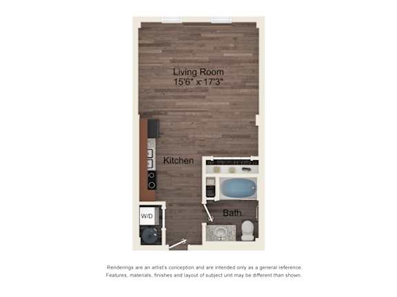 A floor plan of a living room, kitchen, and bathroom.