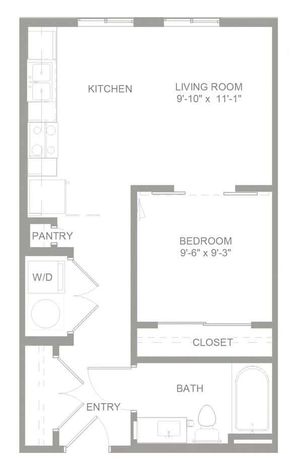 A floor plan of a small apartment with a kitchen, living room, bathroom, and bedroom.