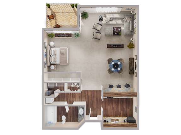 A top-down view of a small apartment with a kitchen, living room, and bedrooms.
