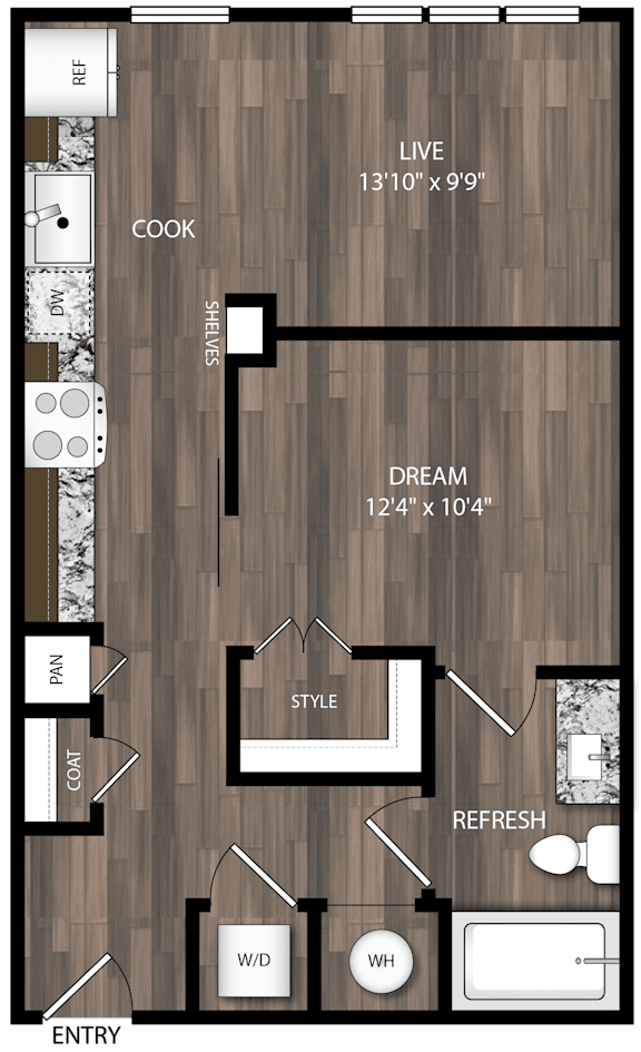 A floor plan of a house with a living room, kitchen, and bathrooms.