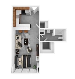 Spacious studio apartment floor plan at Idlewild 45 in Memphis TN with open-concept living and full kitchen