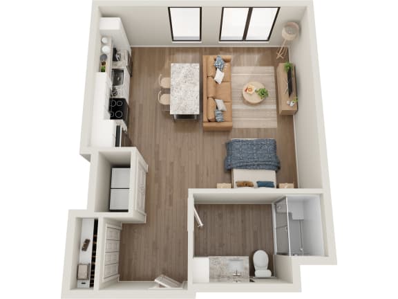 a studio floor plan with a bathroom and a living room