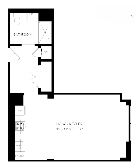 A floor plan of a small apartment with a living room, kitchen, bathroom, and pantry.